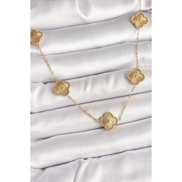 BFS 316L Çelik Gold Renk Zincir İşlemeli Yonca Model Kadın Kolye