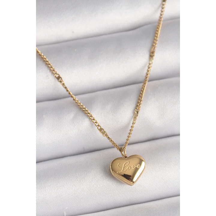 BFS 316L Çelik Gold Renk Zincir Love İşlemeli Kalp Figür Kadın Kolye