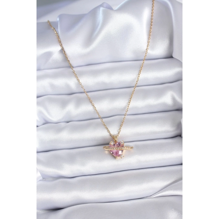BFS 316L Çelik Gold Renk Zincir Pembe Kristal Kalp Model Zirkon Taş Detay Kadın Kolye
