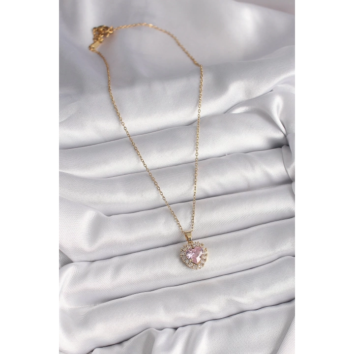 BFS 316L Çelik Gold Renk Zincir Pembe Zirkon Taşlı Kalp Model Kadın Kolye