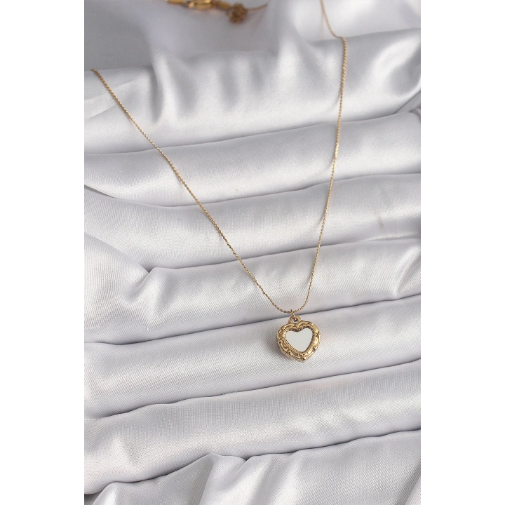 BFS 316L Çelik Gold Renk Zincir Sedefli Kalp Model Kadın Kolye