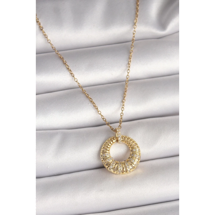 BFS 316L Çelik Gold Renk Zincir Zirkon Taş İşlemeli Daire Model Kadın Kolye