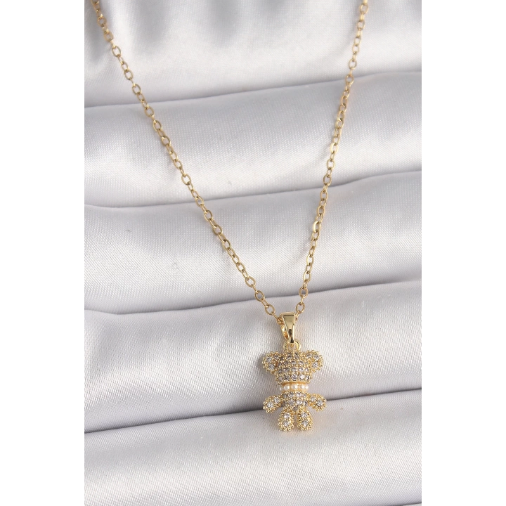 BFS 316L Çelik Gold Renk Zincir Zirkon Taşlı Ayıcık Figür Kadın Kolye
