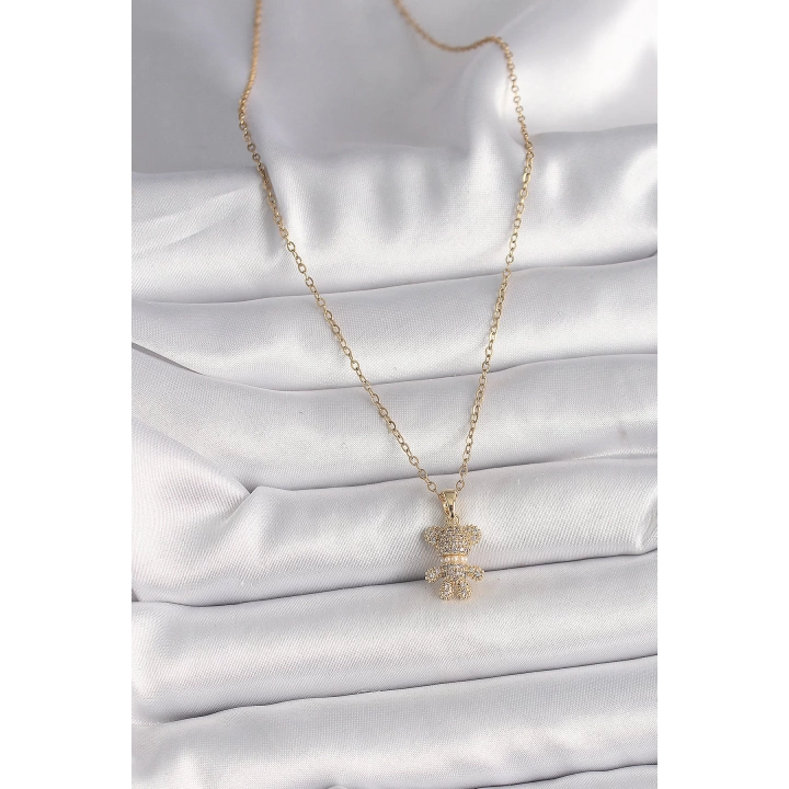 BFS 316L Çelik Gold Renk Zincir Zirkon Taşlı Ayıcık Figür Kadın Kolye