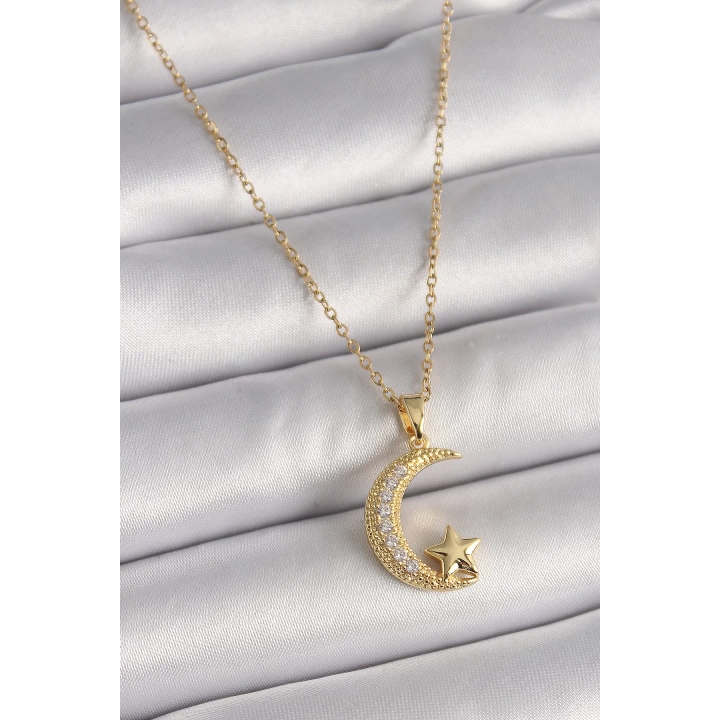 BFS 316L Çelik Gold Renk Zincir Zirkon Taşlı Hilal Model Yıldız Detay Kadın Kolye