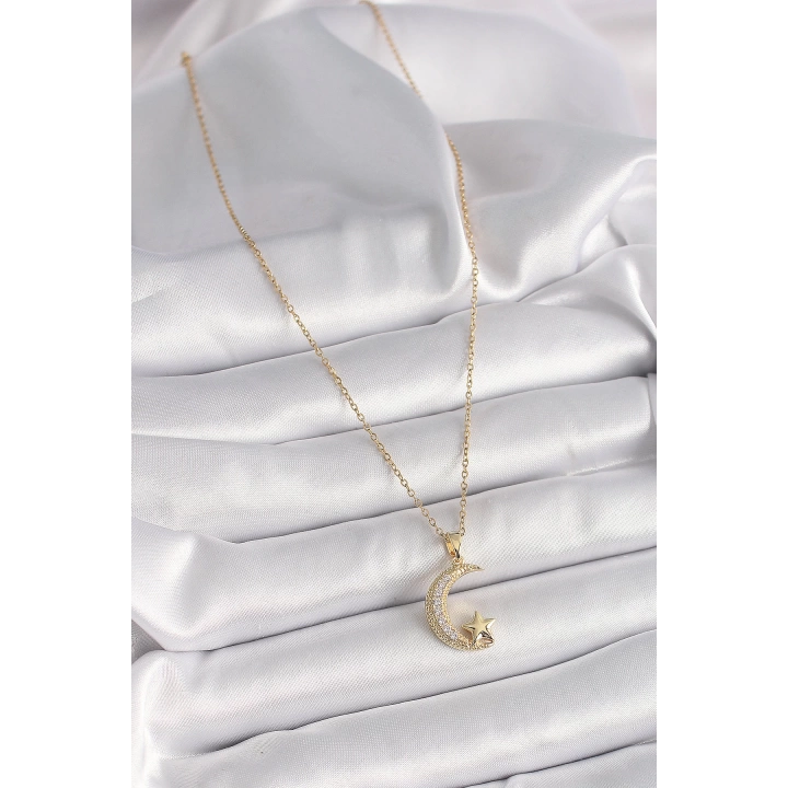 BFS 316L Çelik Gold Renk Zincir Zirkon Taşlı Hilal Model Yıldız Detay Kadın Kolye
