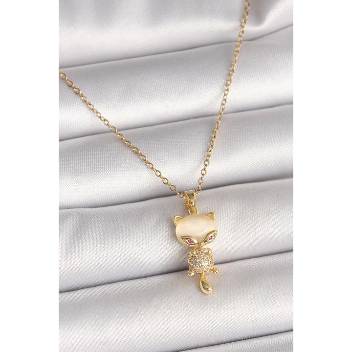 BFS 316L Çelik Gold Renk Zincir Zirkon Taşlı Kedi Model Kadın Kolye