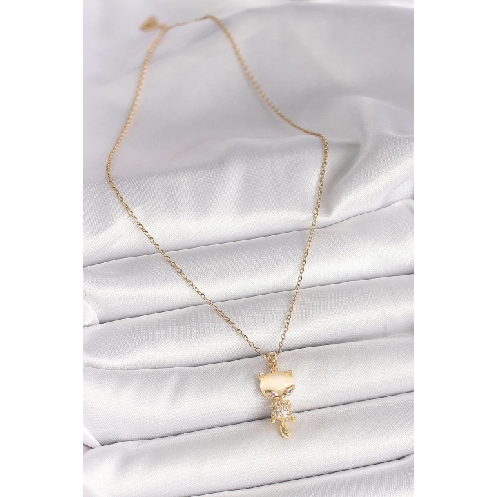 BFS 316L Çelik Gold Renk Zincir Zirkon Taşlı Kedi Model Kadın Kolye