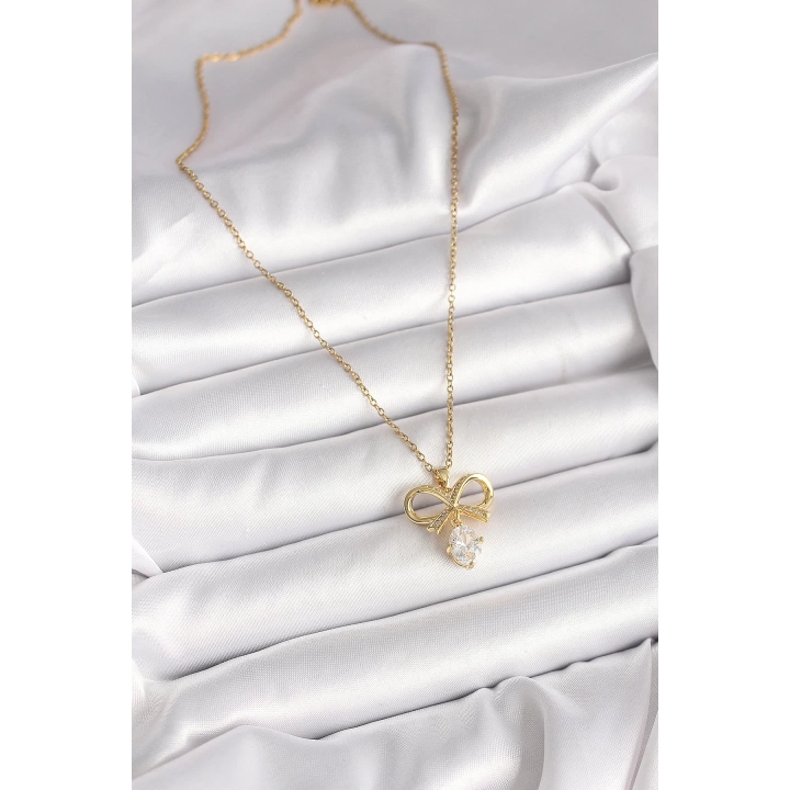BFS 316L Çelik Gold Renk Zincir Zirkon Taşlı Kurdele Model Kadın Kolye