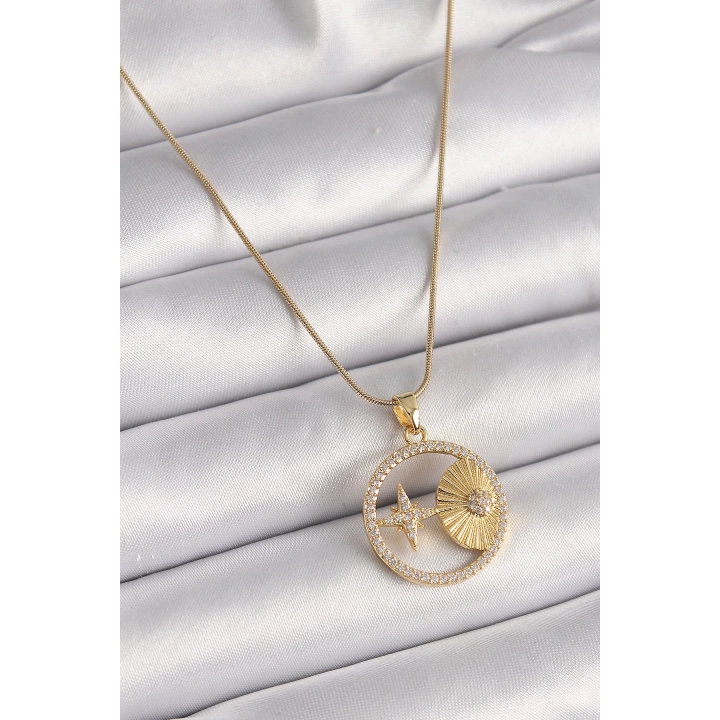 BFS 316L Çelik Gold Renk Zincir Zirkon Taşlı Yıldız İşleme Madalyon Model Kadın Kolye