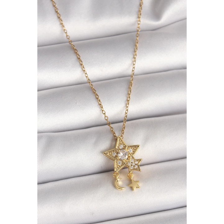 BFS 316L Çelik Gold Renk Zincir Zirkon Taşlı Yıldız Model Sallanı Ay Yıldız Detay Kadın Kolye