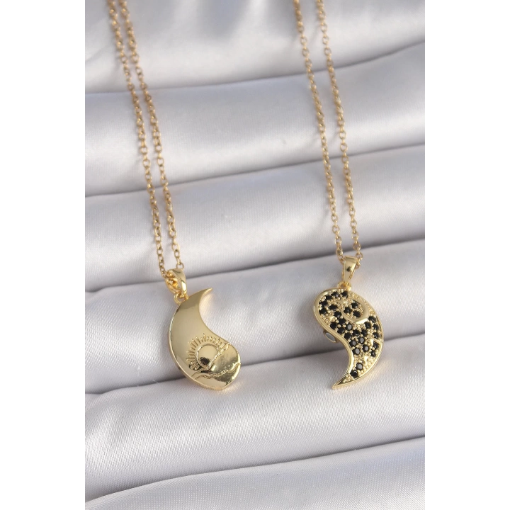 BFS 316L Çelik Gold Renk Zincir Zirkon Taşlı Ying Yang Model Gün Batımı İşlemeli Arkadaşlık Kadın Kolye
