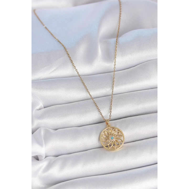 BFS 316L Çelik Gold Renk Zincr Mavi Taşlı Lotus Model Kadın Kolye