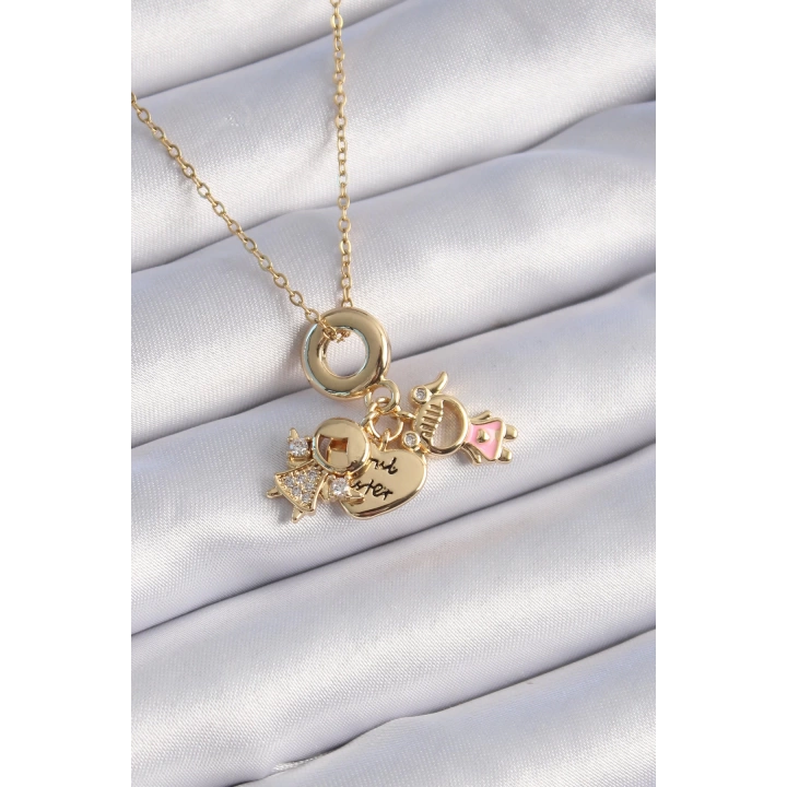 BFS 316L Çelik Gold Renk Zirkon Taş Detay Çocuk Figür Charm Model Kadın Kolye