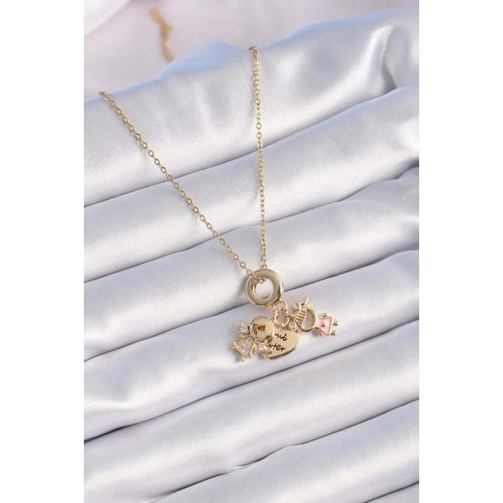 BFS 316L Çelik Gold Renk Zirkon Taş Detay Çocuk Figür Charm Model Kadın Kolye