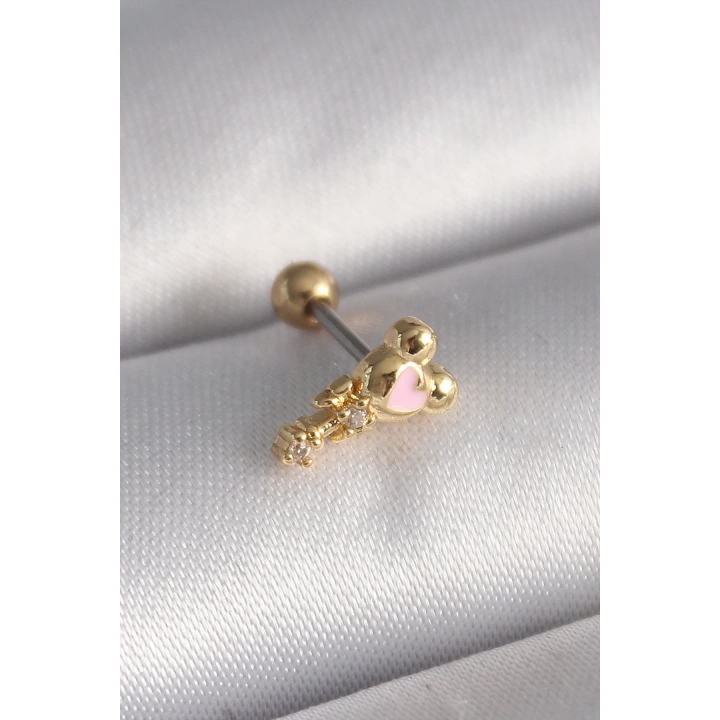 BFS 316L Çelik Gold Renk Zirkon Taş Detay Pembe Kalp İşleme Tragus Piercing