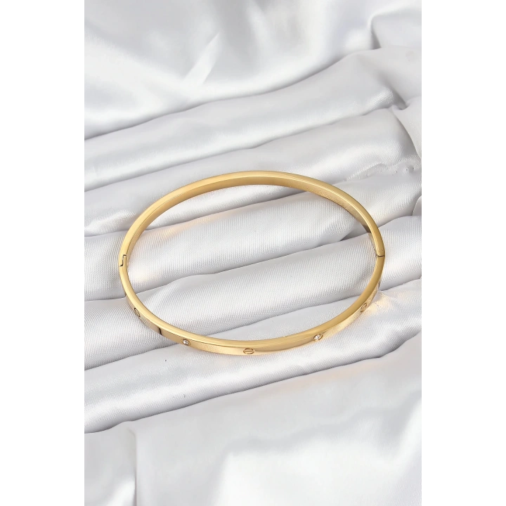 BFS 316L Çelik Gold Renk Zirkon Taşlı 65 mm İnce Kadın Kelepçe Bileklik