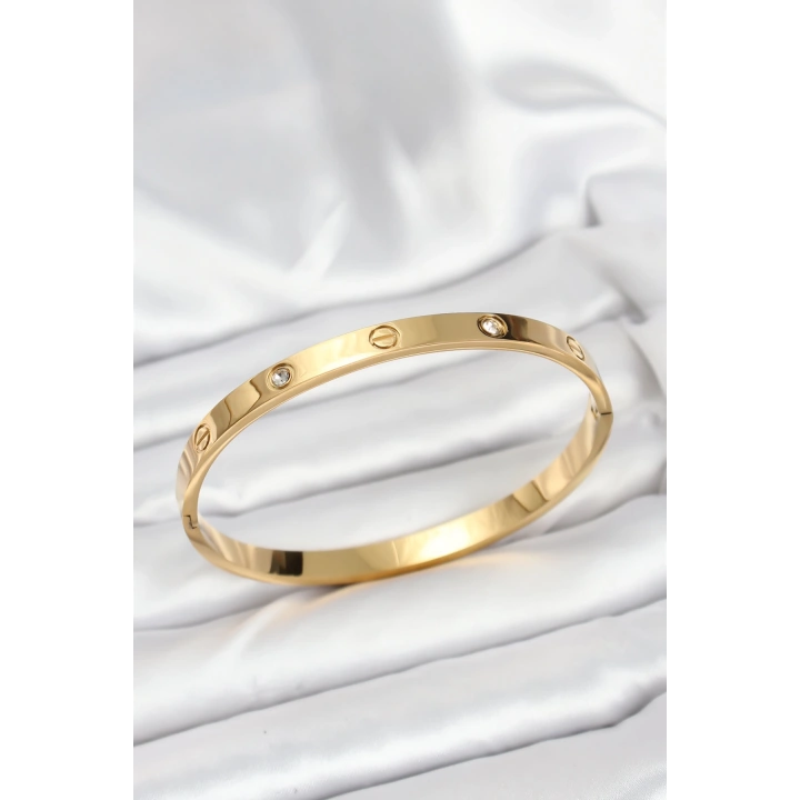 BFS 316L Çelik Gold Renk Zirkon Taşlı 65 mm Kadın Kelepçe Bileklik