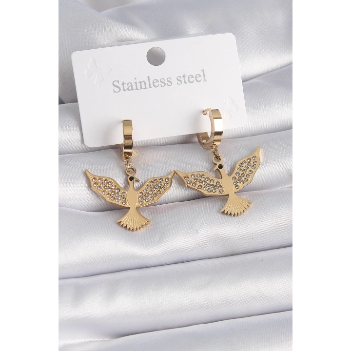 BFS 316L Çelik Gold Renk Zirkon Taşlı Anka Kuşu Model Kadın Küpe