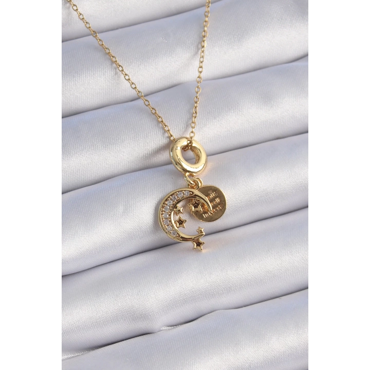 BFS 316L Çelik Gold Renk Zirkon Taşlı Ay Yıldız  Model Charm Model Kadın Kolye