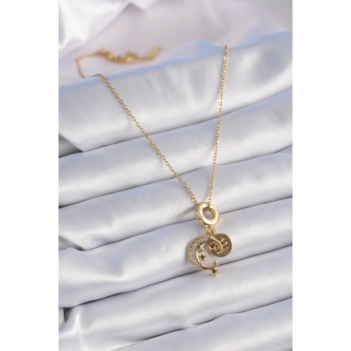 BFS 316L Çelik Gold Renk Zirkon Taşlı Ay Yıldız  Model Charm Model Kadın Kolye