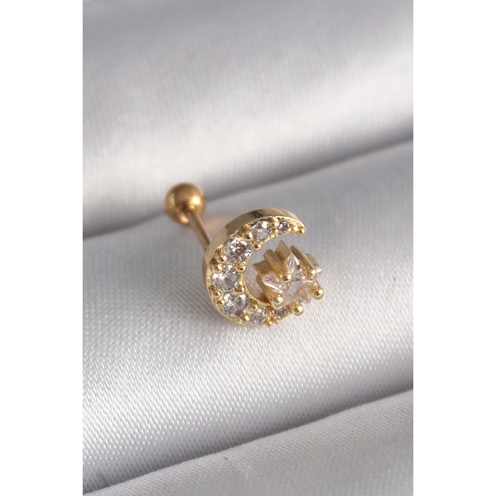 BFS 316L Çelik Gold Renk Zirkon Taşlı Ay Yıldız Tragus Piercing