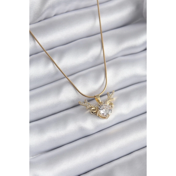 BFS 316L Çelik Gold Renk Zirkon Taşlı Boynuz Model Kadın Kolye