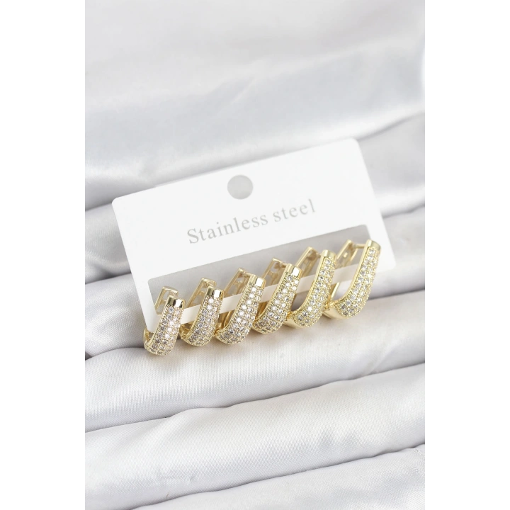 BFS 316L Çelik Gold Renk Zirkon Taşlı Damla Halka Küpe Seti