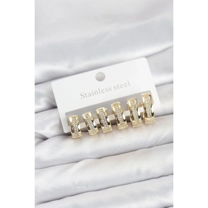 BFS 316L Çelik Gold Renk Zirkon Taşlı Halka Küpe Seti