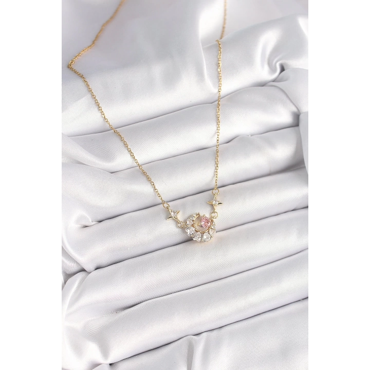 BFS 316L Çelik Gold Renk Zirkon Taşlı Hilal Pembe Kalp Model Kadın Kolye