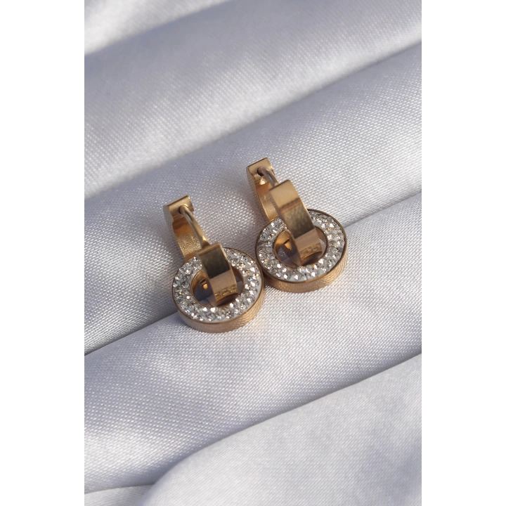 BFS 316L Çelik Gold Renk Zirkon Taşlı İç İçe Geçmeli Oval Küpe