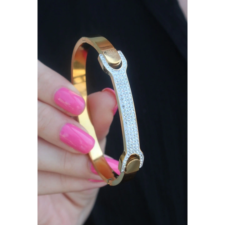BFS 316L Çelik Gold Renk Zirkon Taşlı Kadın Kelepçe