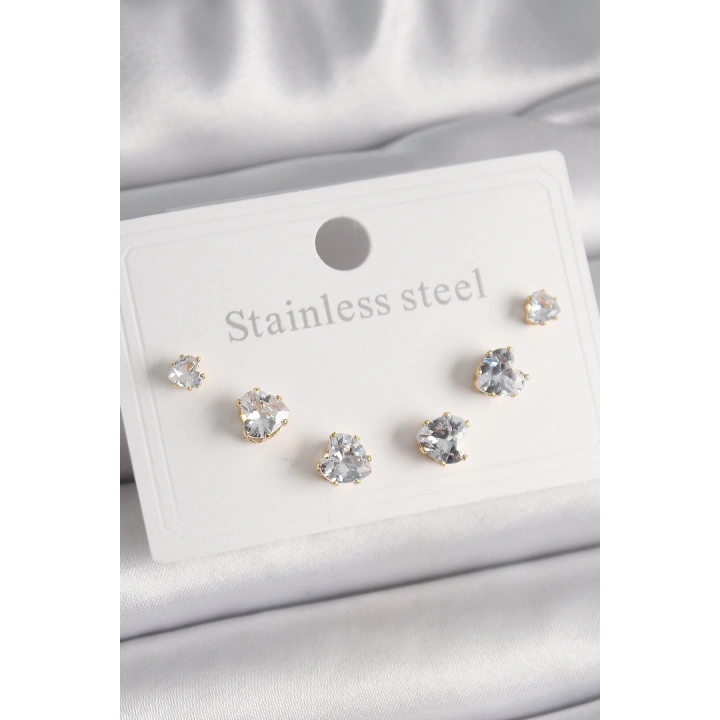 BFS 316L Çelik Gold Renk Zirkon Taşlı Kalp Model Kadın Küpe Seti