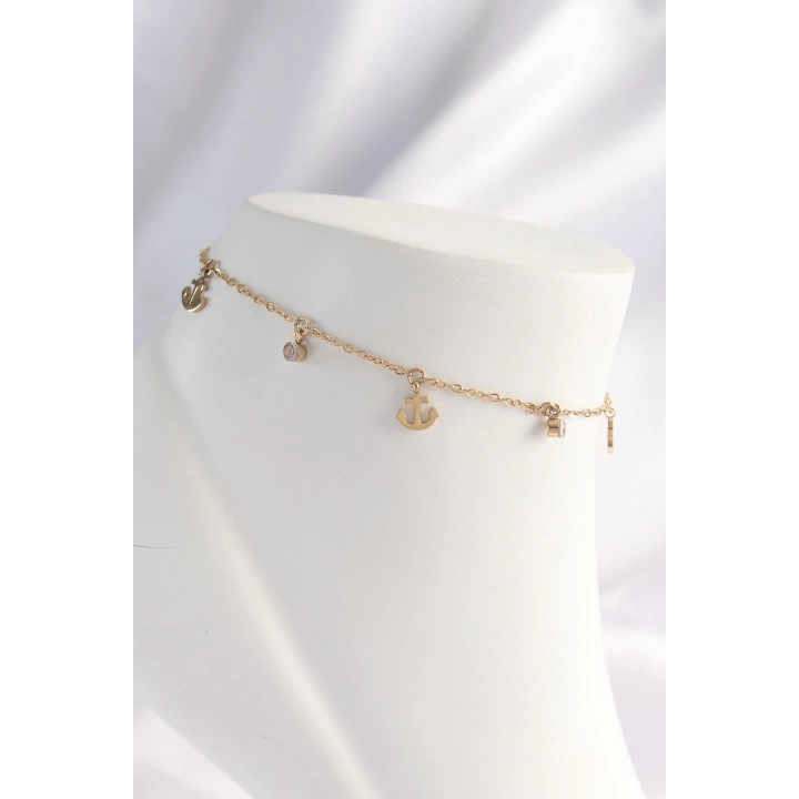 BFS 316L Çelik Gold Renk Zirkon Taşlı Minimal Çapa Tasarımlı Halhal