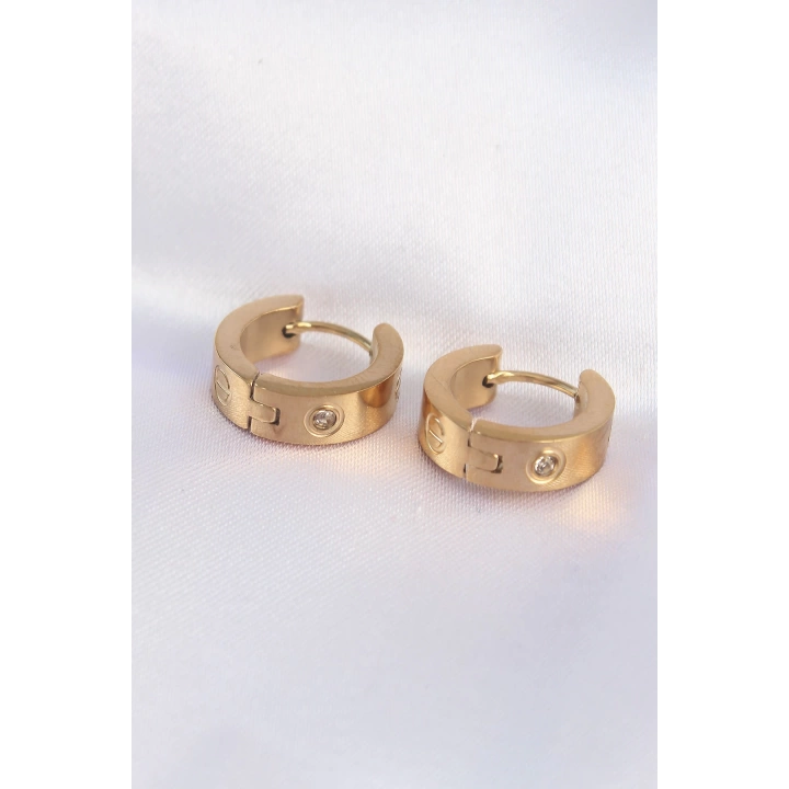BFS 316L Çelik Gold Renk Zirkon Taşlı Minimal Model Halka Küpe