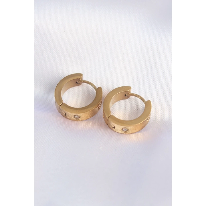 BFS 316L Çelik Gold Renk Zirkon Taşlı Minimal Model Halka Küpe