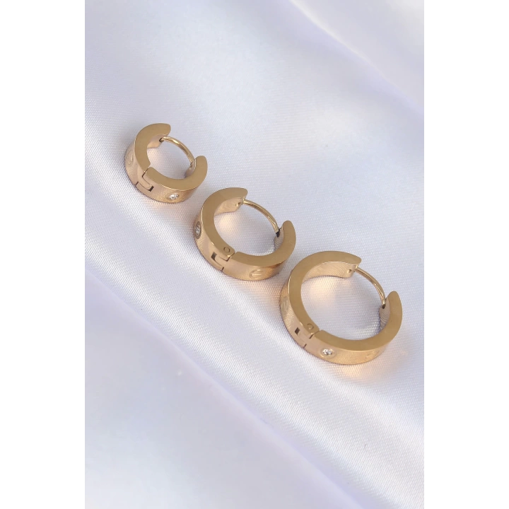 BFS 316L Çelik Gold Renk Zirkon Taşlı Model 3lü Halka Küpe