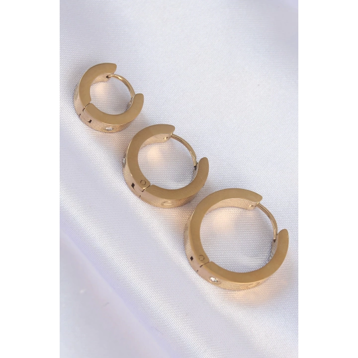 BFS 316L Çelik Gold Renk Zirkon Taşlı Model 3lü Halka Küpe