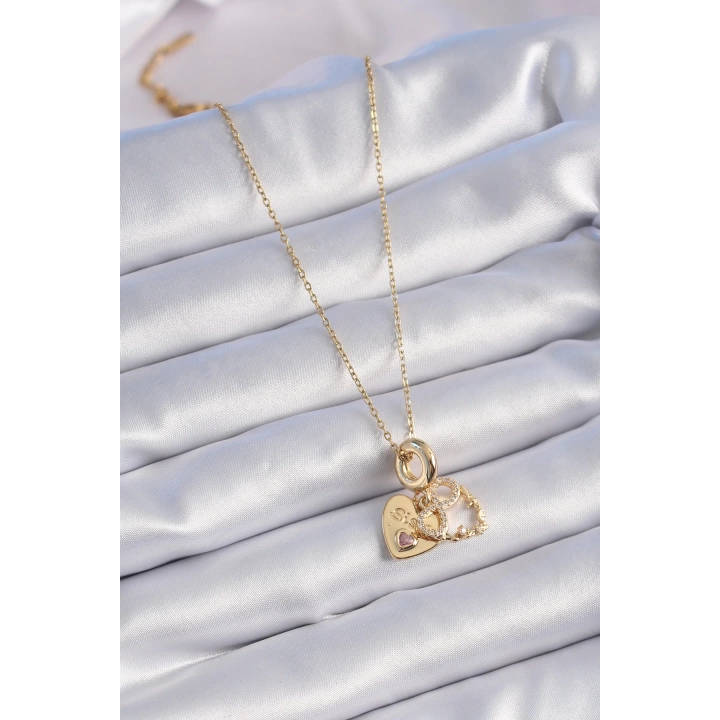 BFS 316L Çelik Gold Renk Zirkon Taşlı Sonsuzluk Kalp Figür Charm Model Kadın Kolye