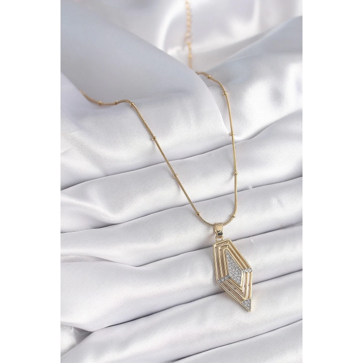 BFS 316L Çelik Gold Renk Zirkon Taşlı Vintage Model Kadın Kolye