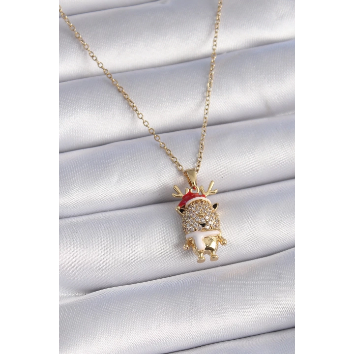 BFS 316L Çelik Gold Renk Zirkon Taşlı Yılbaşı Temalı Ren Geyiği Figür Kadın Kolye