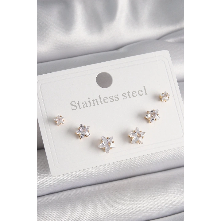 BFS 316L Çelik Gold Renk Zirkon Taşlı Yıldız Model Kadın Küpe Seti