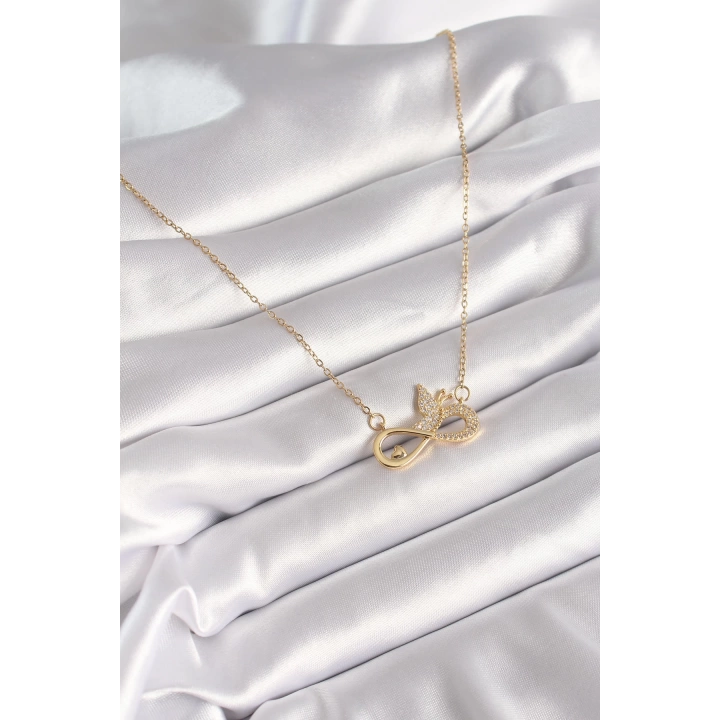 BFS 316L Çelik Gold Renk Zirkon Zincir Taşı Sonsuzluk Kelebek Model Kadın Kolye