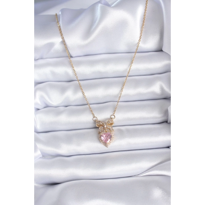BFS 316L Çelik Gold Zincir Pembe Kristal Kalp Model Zirkon Taşlı Kurdele Model Kadın Kolye