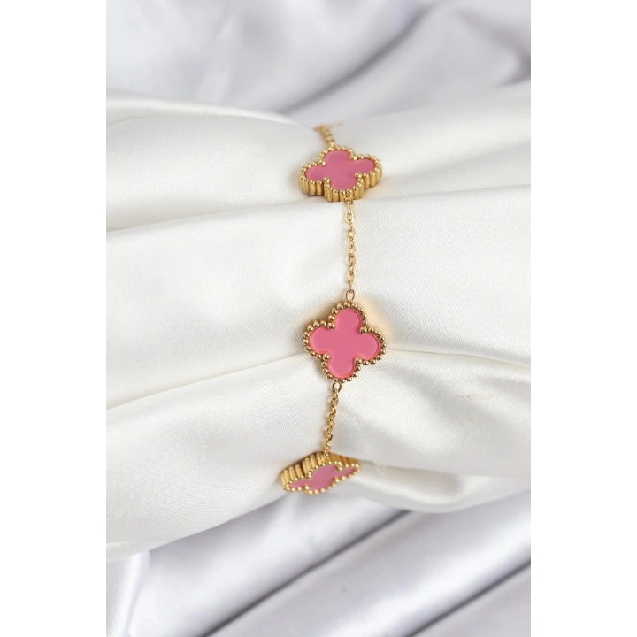 BFS 316L Çelik Gold Zincir Pembe Yonca Renk Bileklik
