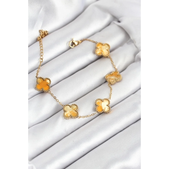 BFS 316L Çelik Gold Zincir Sarı Yonca Bileklik