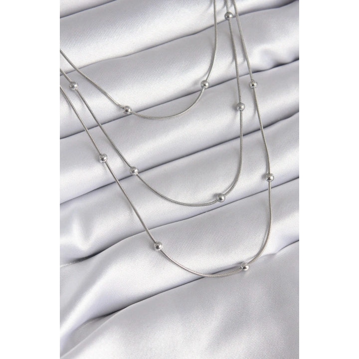 BFS 316L Çelik Gümüş Renk 3lü Topçuk Detay Kadın Kolye