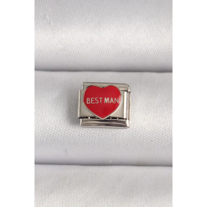 BFS 316L Çelik Gümüş Renk Best Man Yazılı Kırmızı Kalp İşlemeli Nomination Charm