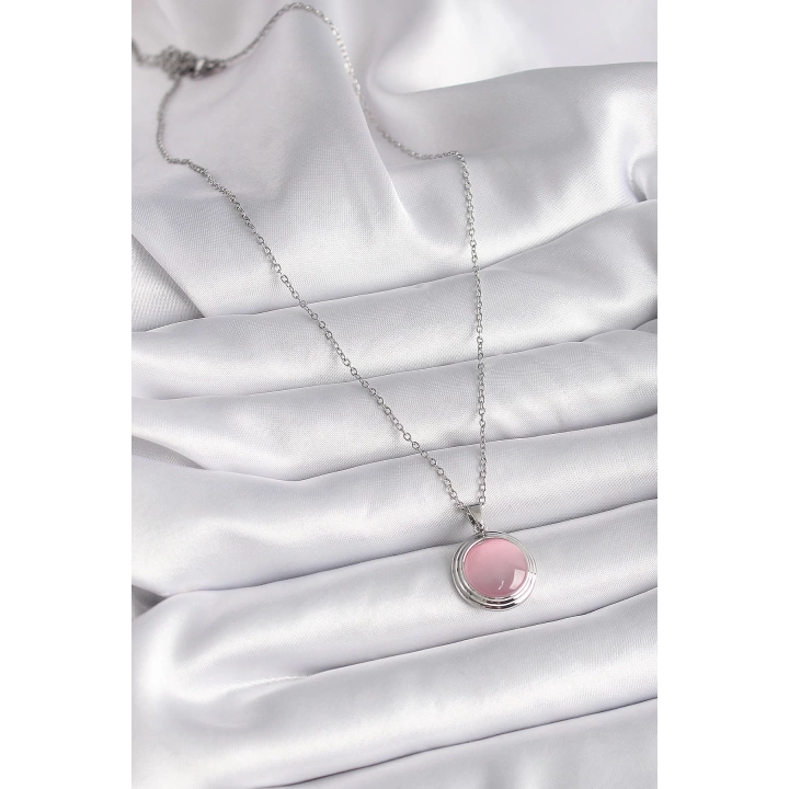 BFS 316L Çelik Gümüş Renk Daire Pembe Sedefli Model Kadın Kolye