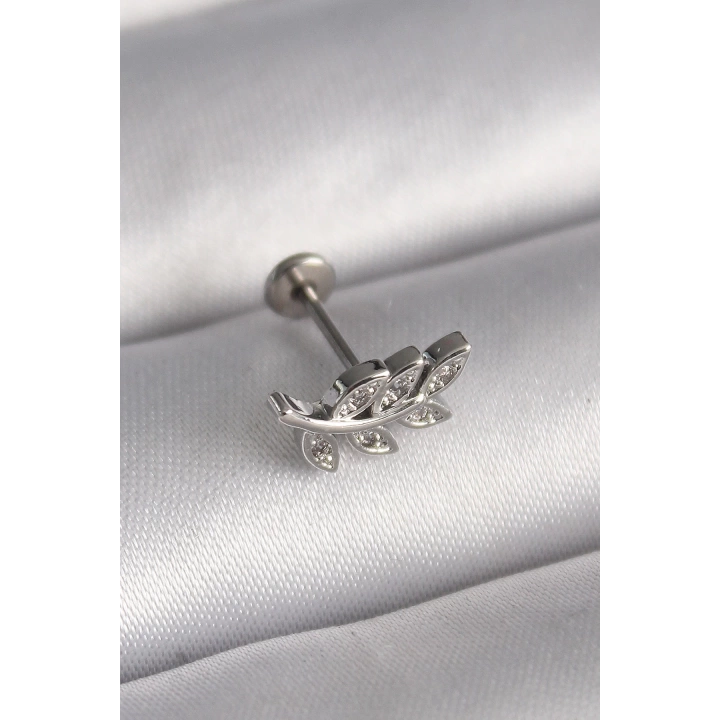 BFS 316L Çelik Gümüş Renk Dal Model Zirkon Taş Detaylı Tragus Piercing
